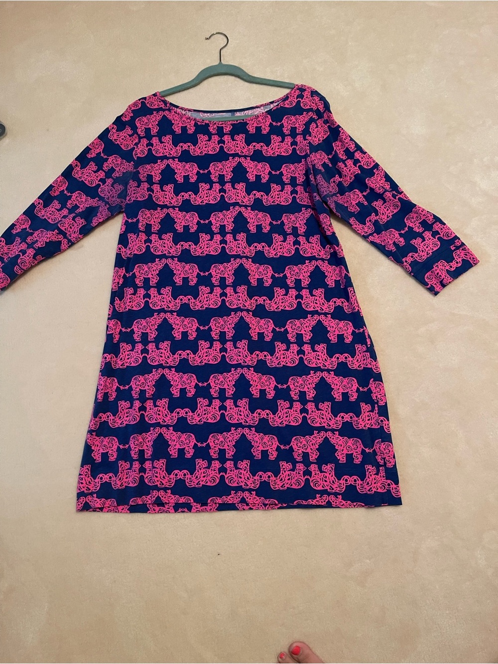 Navy Blue Dress with Pink Elephant Print